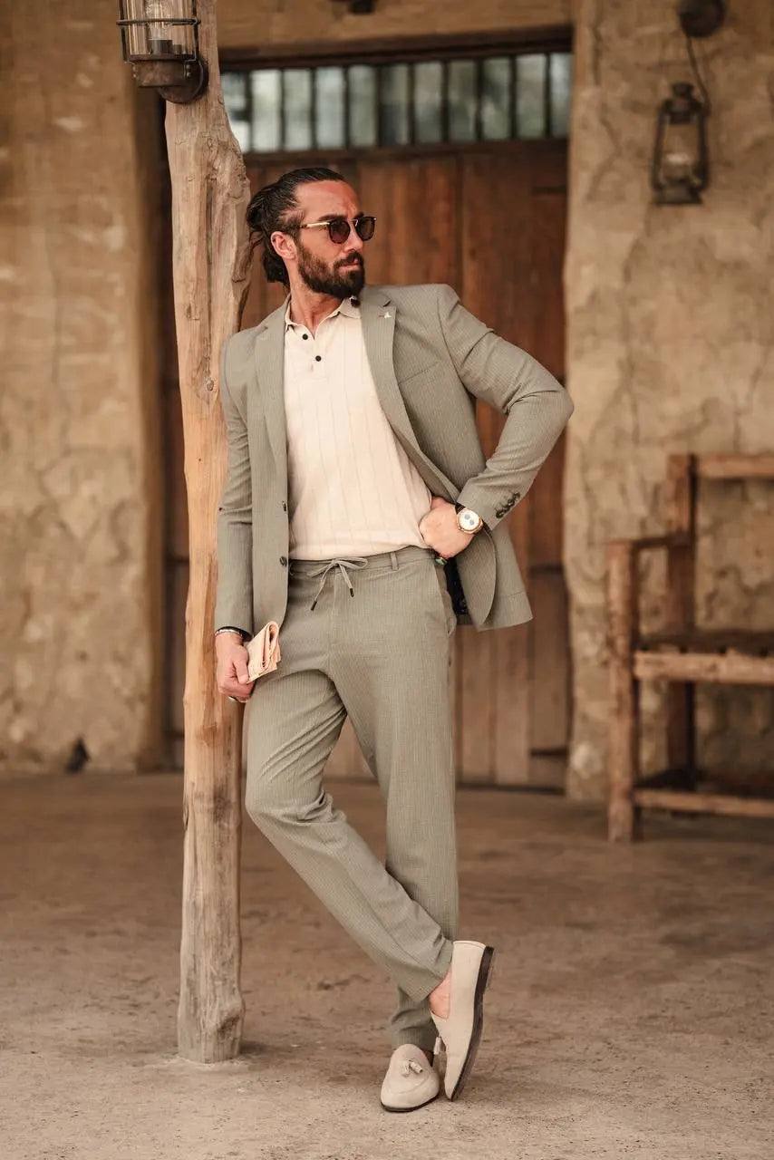 Khaki Mono-Collar Summer Suit – Lightweight Two-Piece - BRABION