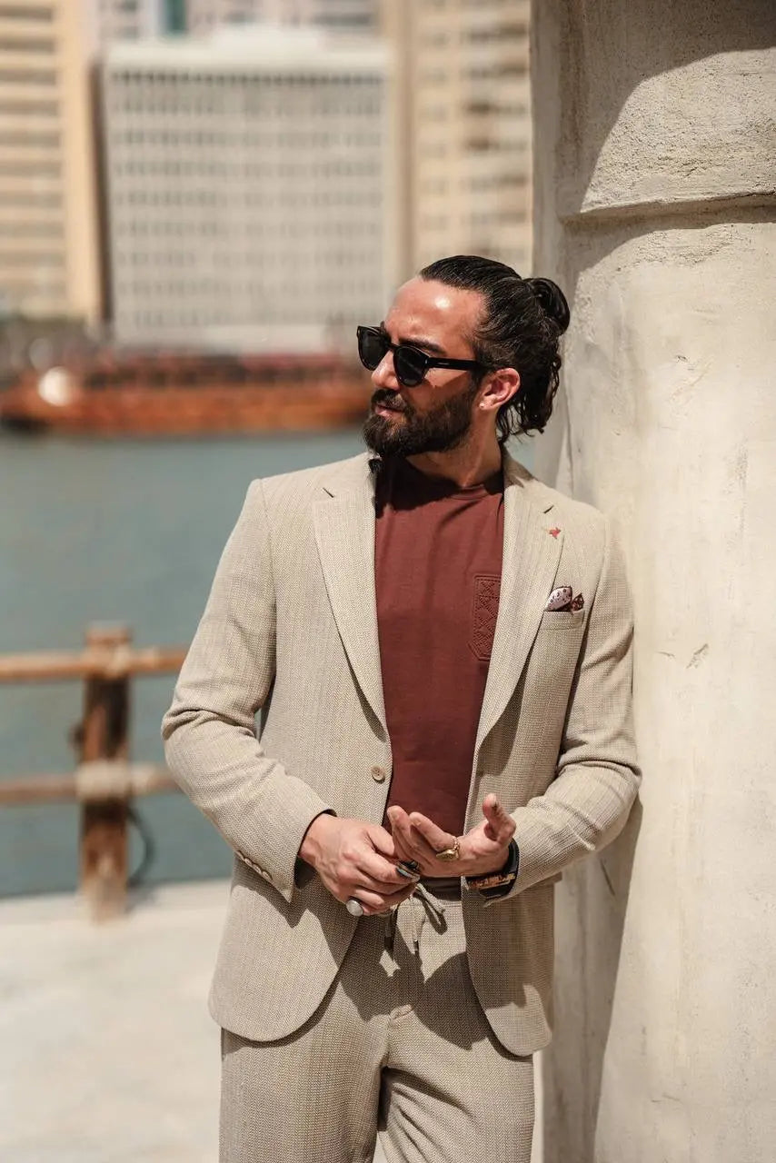 Coastal Dune Beige Mono Collar Suit - BRABION