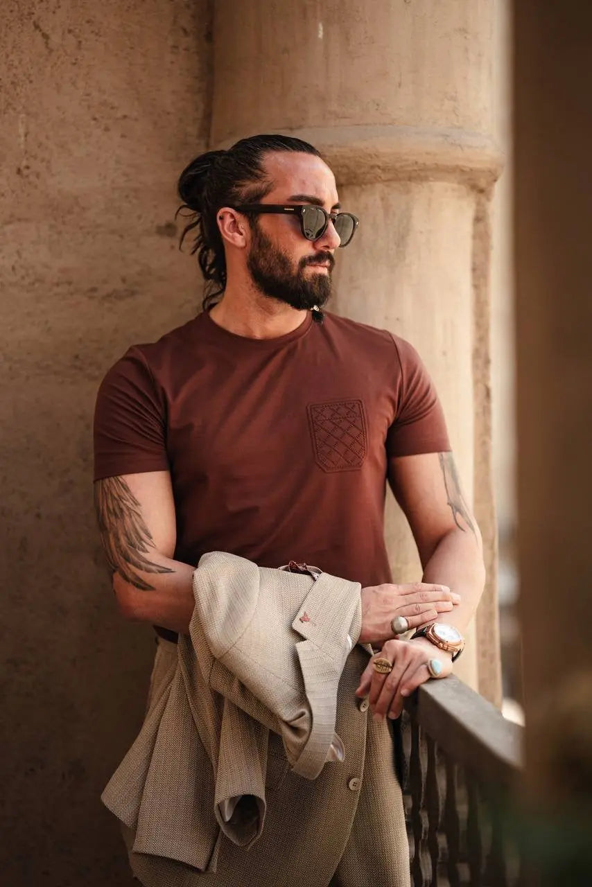 Tile Brown Crew Neck Knitwear T-Shirt - BRABION