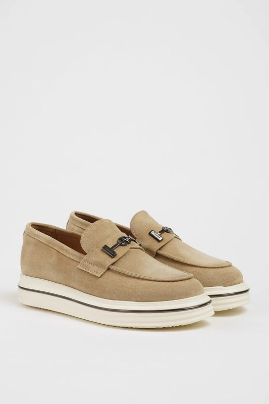Maison Beige Nubuck Leather Slip-On Loafers with Buckle Detailing - BRABION