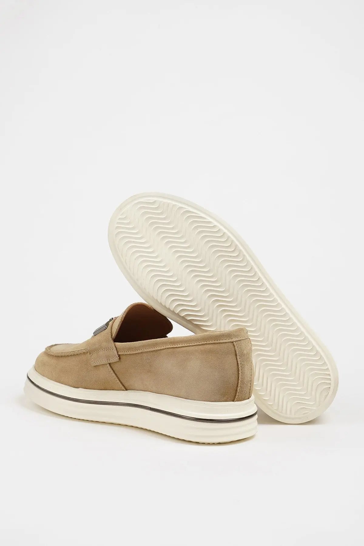 Maison Beige Nubuck Leather Slip-On Loafers with Buckle Detailing - BRABION