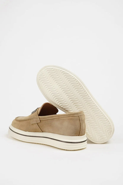 Maison Beige Nubuck Leather Slip-On Loafers with Buckle Detailing - BRABION