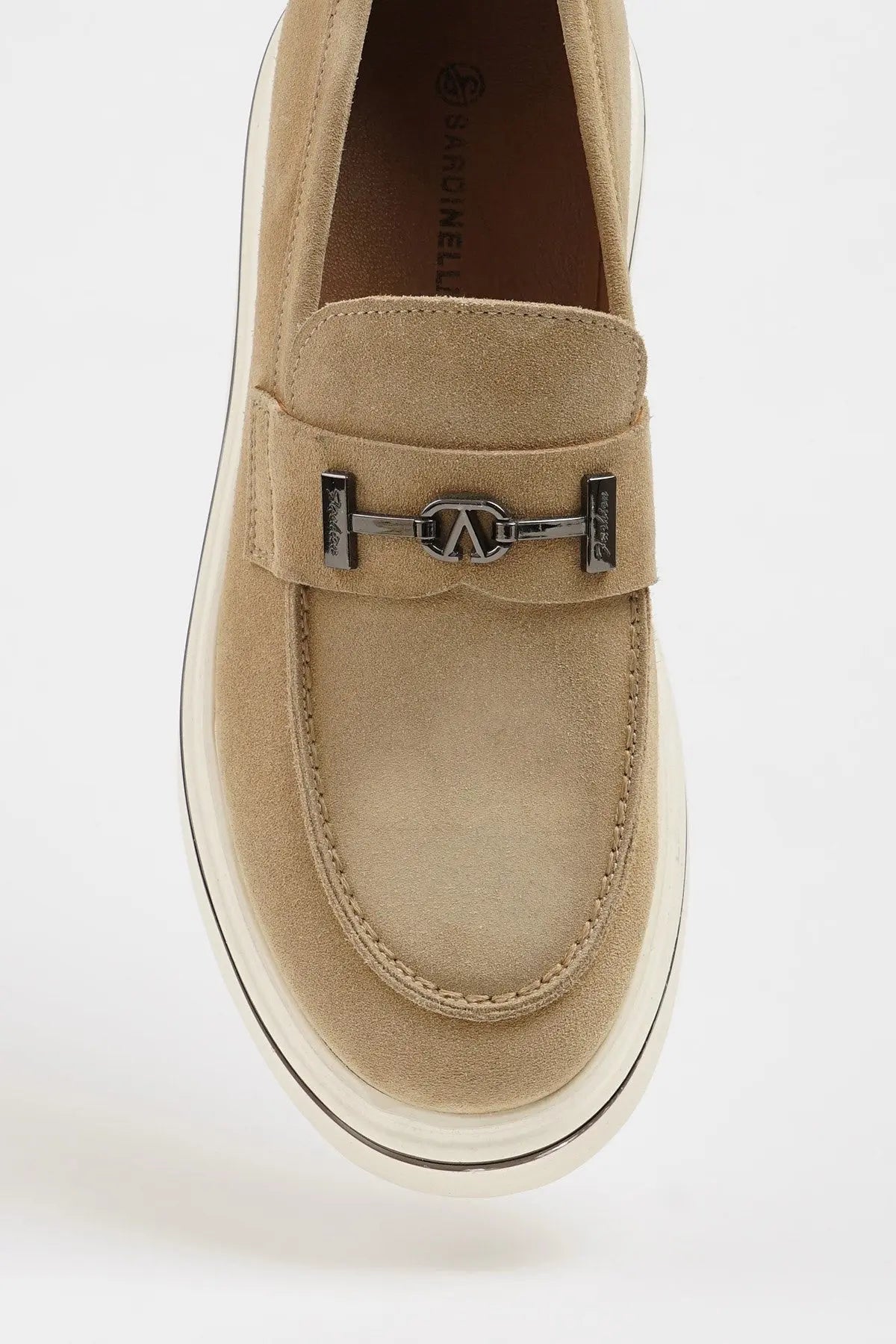 Maison Beige Nubuck Leather Slip-On Loafers with Buckle Detailing - BRABION