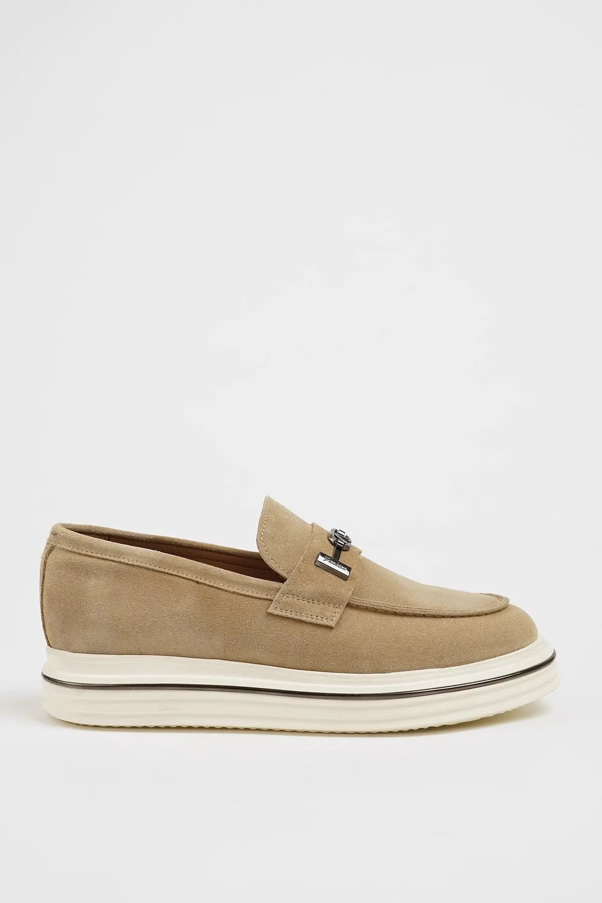 Maison Beige Nubuck Leather Slip-On Loafers with Buckle Detailing - BRABION