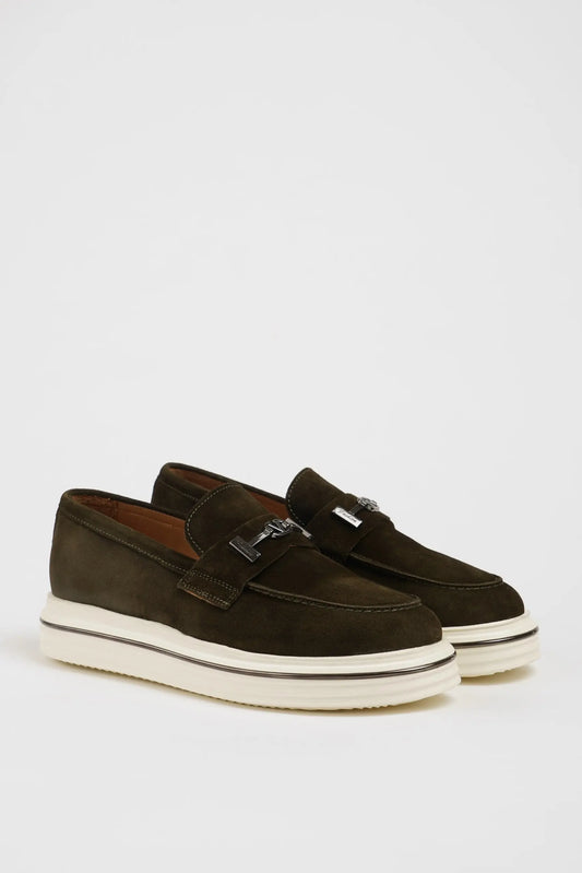 Maison Khaki Nubuck Leather Casual Loafers with Buckle Detail - BRABION