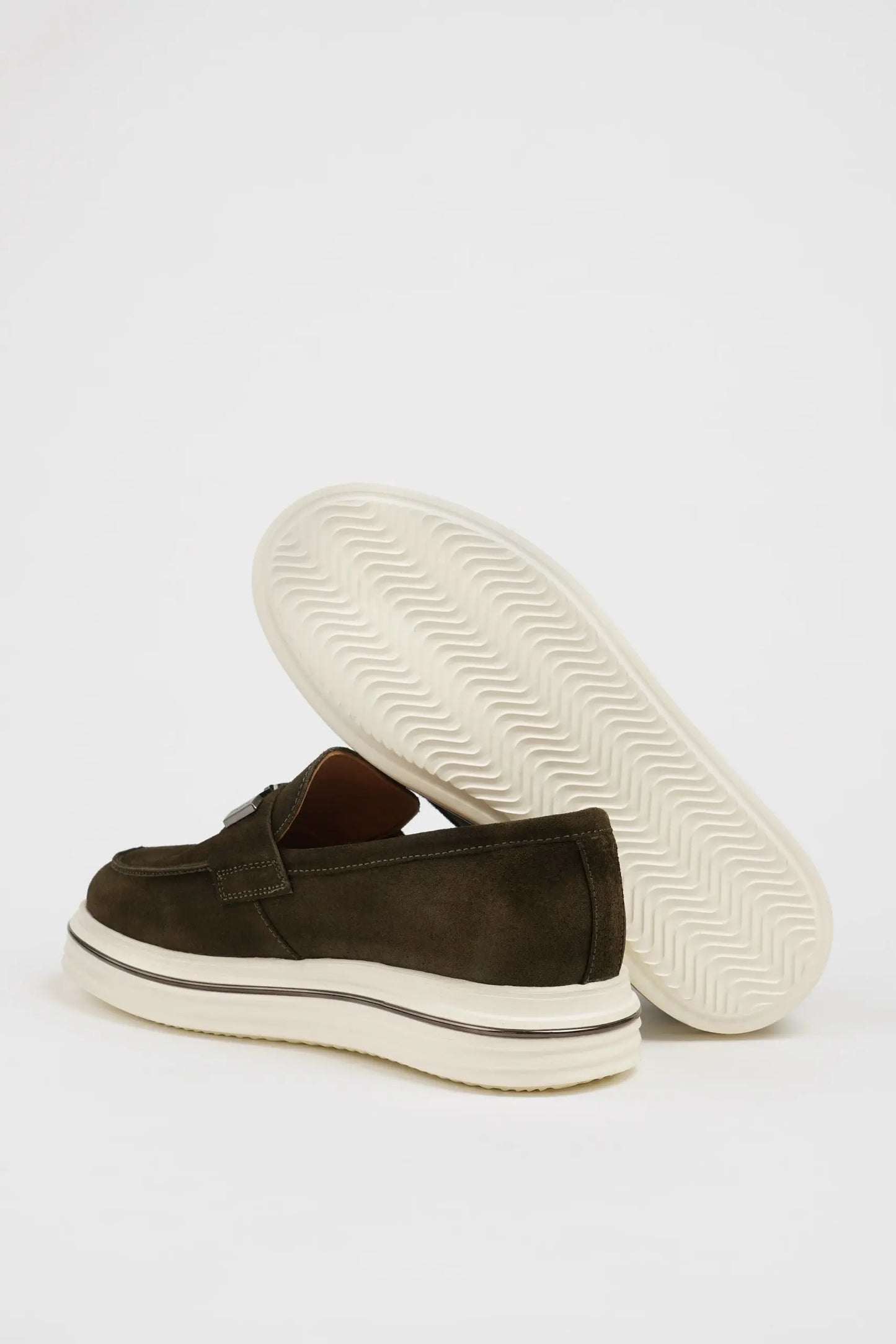 Maison Khaki Nubuck Leather Casual Loafers with Buckle Detail - BRABION