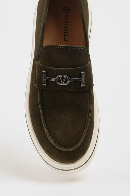 Maison Khaki Nubuck Leather Casual Loafers with Buckle Detail - BRABION