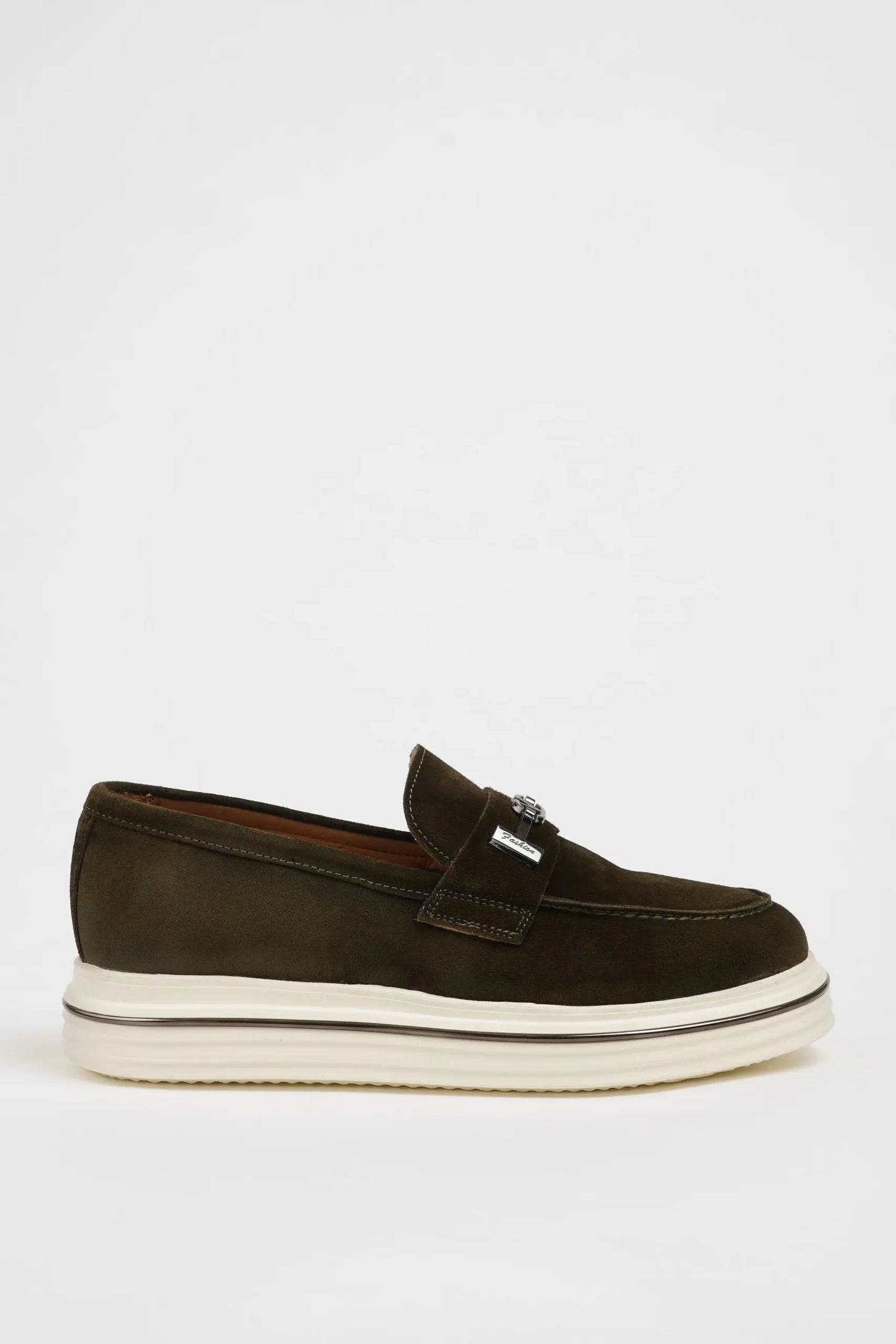 Maison Khaki Nubuck Leather Casual Loafers with Buckle Detail - BRABION