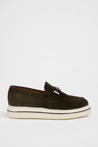 Maison Khaki Nubuck Leather Casual Loafers with Buckle Detail - BRABION