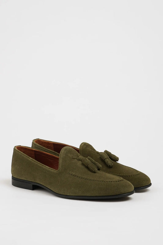 Maison Khaki Suede Loafers with Tassel Detail - BRABION
