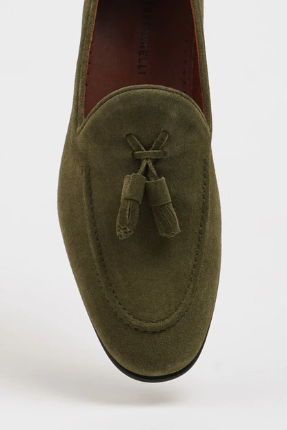 Maison Khaki Suede Loafers with Tassel Detail - BRABION