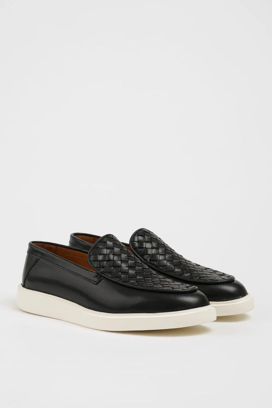 Maison Black Leather Casual Shoes with Knitted Detail - BRABION