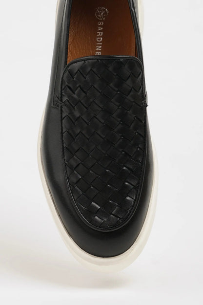 Maison Black Leather Casual Shoes with Knitted Detail - BRABION