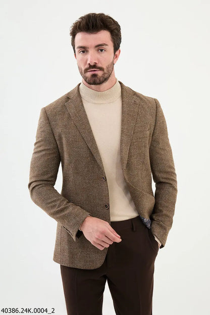Brabion James Brown Slim Fit Notch Lapel Patterned Blazer - BRABION