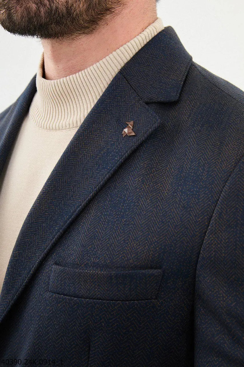 Brabion James Navy Blue Slim Fit Notch Lapel Check Wool Blazer - BRABION