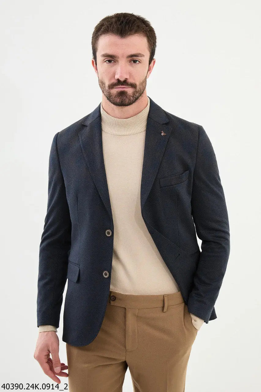 Brabion James Navy Blue Slim Fit Notch Lapel Check Wool Blazer - BRABION