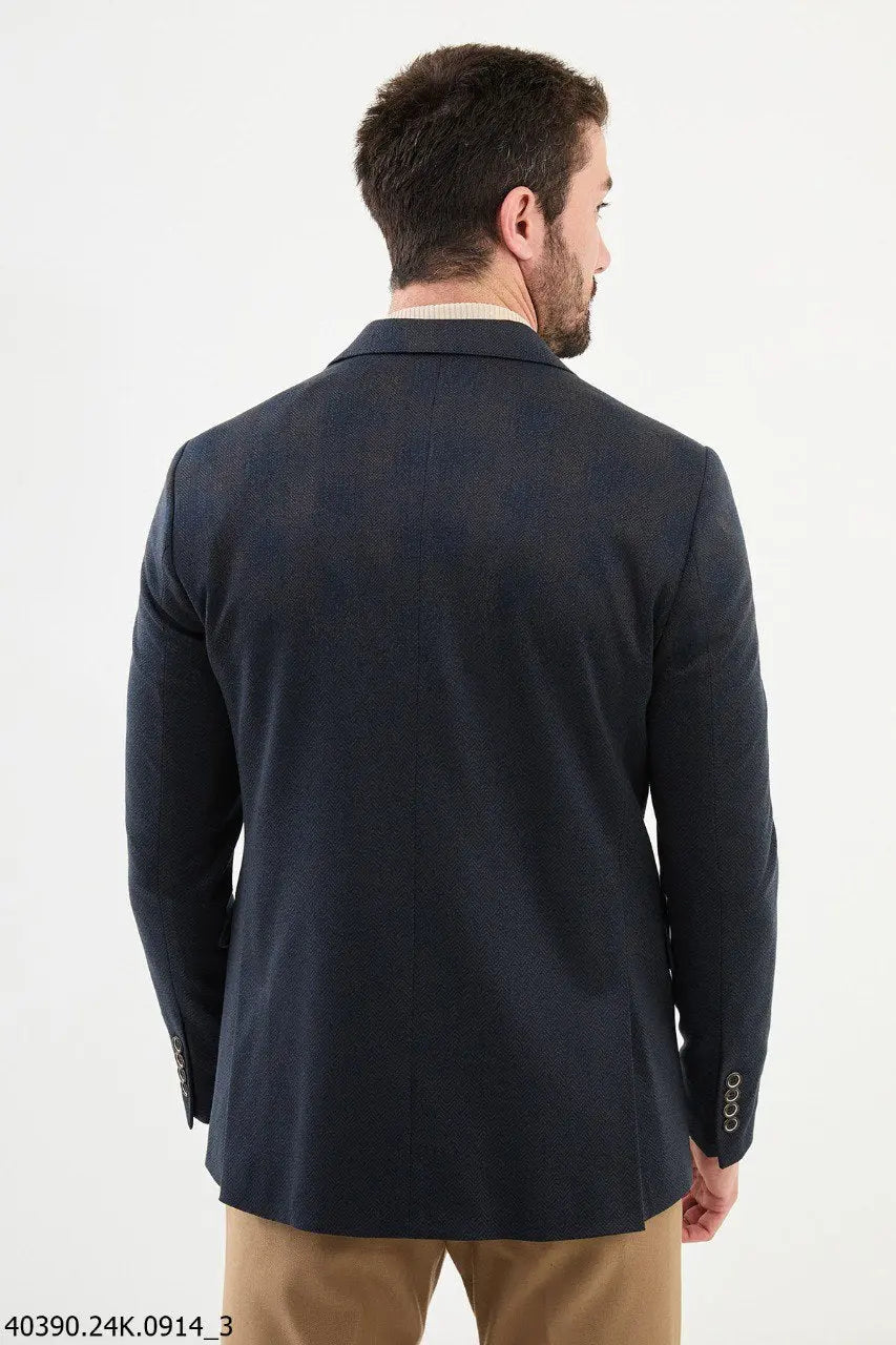 Brabion James Navy Blue Slim Fit Notch Lapel Check Wool Blazer - BRABION