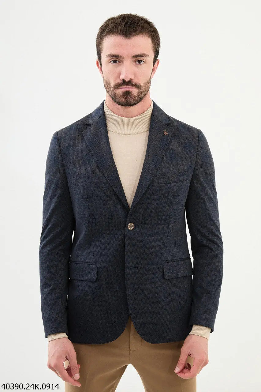 Brabion James Navy Blue Slim Fit Notch Lapel Check Wool Blazer - BRABION