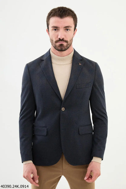 Brabion James Navy Blue Slim Fit Notch Lapel Check Wool Blazer - BRABION