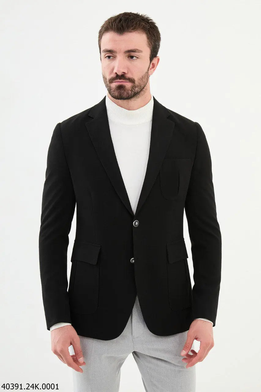 Brabion James Black Slim Fit Notch Lapel Wool Blazer - BRABION