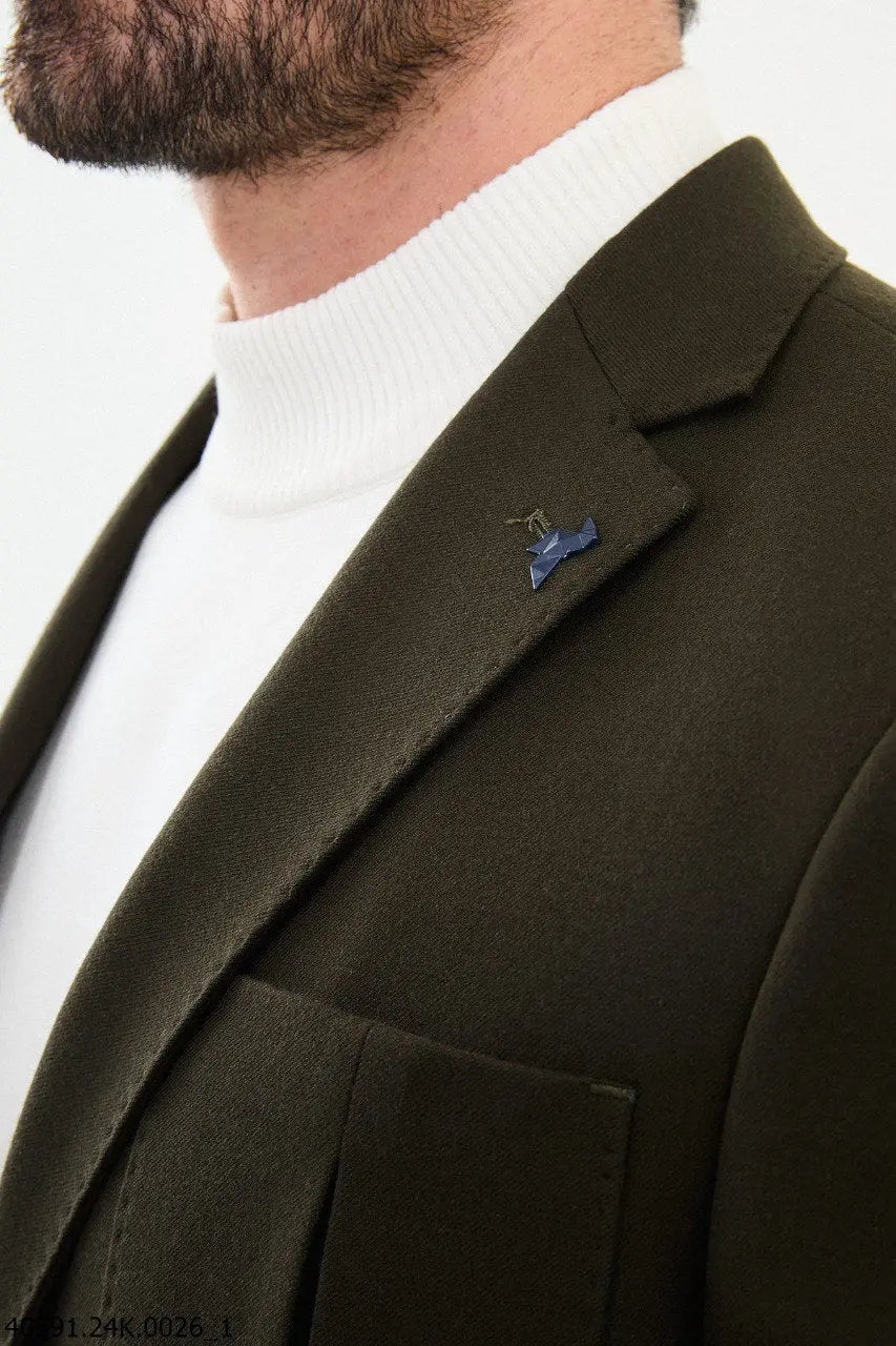 Brabion James Dark Khaki Slim Fit Notch Lapel Wool Blazer - BRABION