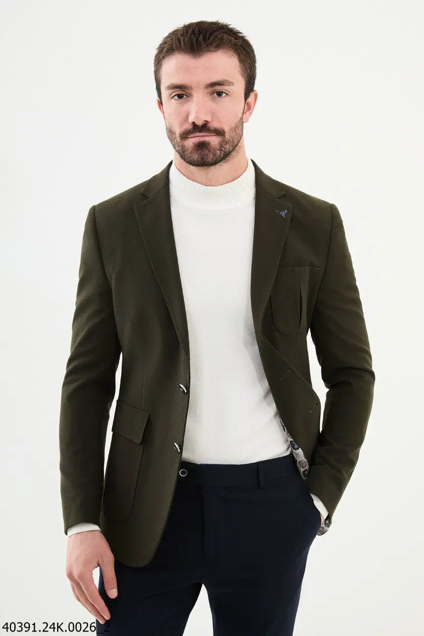 Brabion James Dark Khaki Slim Fit Notch Lapel Wool Blazer - BRABION