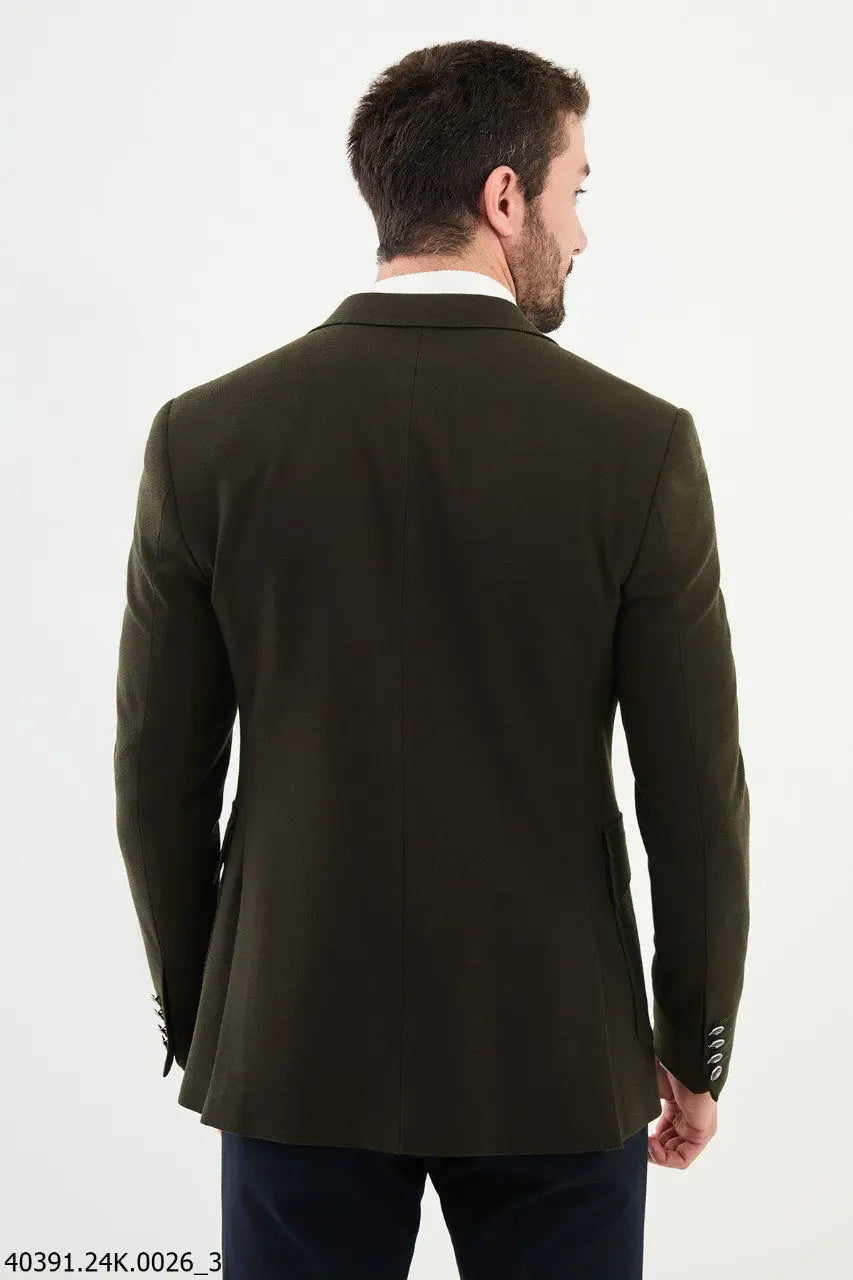 Brabion James Dark Khaki Slim Fit Notch Lapel Wool Blazer - BRABION