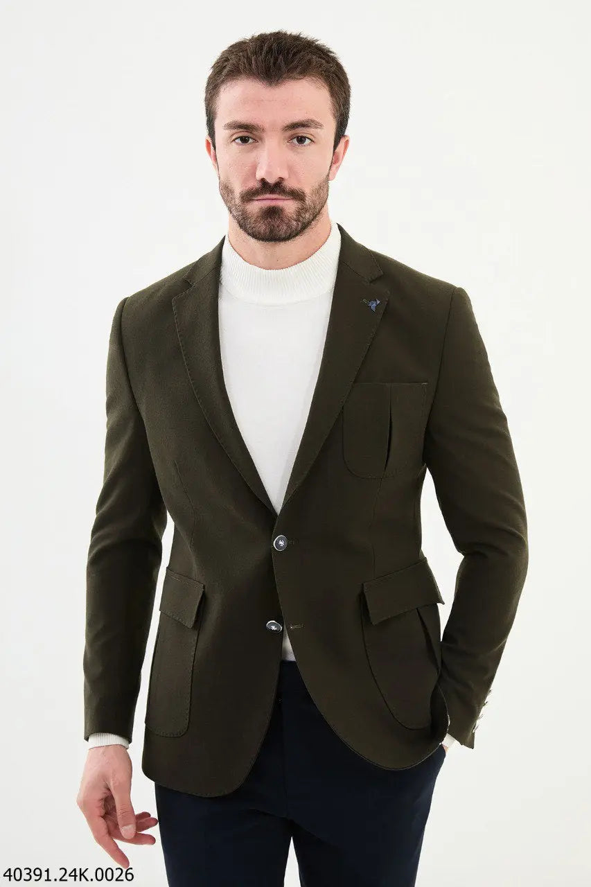 Brabion James Dark Khaki Slim Fit Notch Lapel Wool Blazer - BRABION