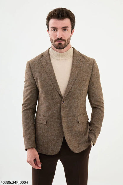 Brabion James Brown Slim Fit Notch Lapel Patterned Blazer - BRABION