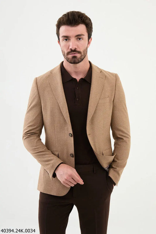 Brabion James Beige Slim Fit Notch Lapel Blazer - BRABION