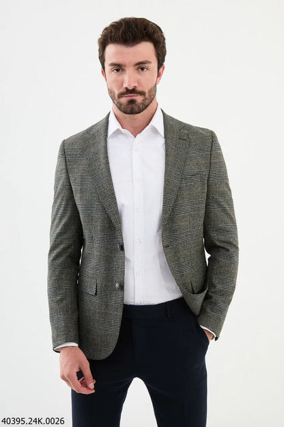 Brabion James Khaki Slim Fit Notch Lapel Check Plaid Blazer - BRABION