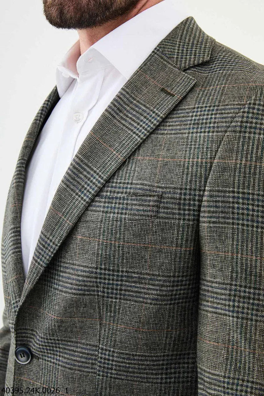 Brabion James Khaki Slim Fit Notch Lapel Check Plaid Blazer - BRABION