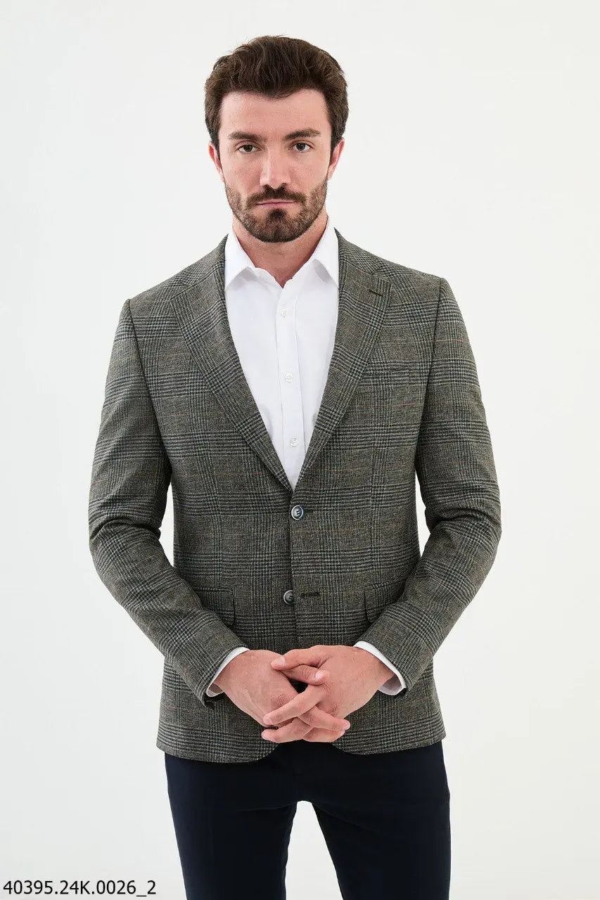 Brabion James Khaki Slim Fit Notch Lapel Check Plaid Blazer - BRABION