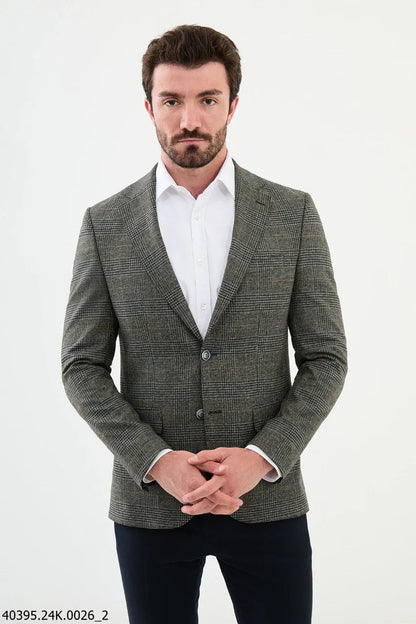 Brabion James Khaki Slim Fit Notch Lapel Check Plaid Blazer - BRABION