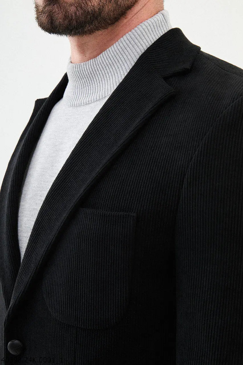 Brabion James Black Slim Fit Notch Lapel Striped Velvet Blazer - BRABION