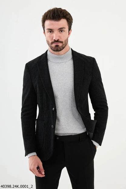 Brabion James Black Slim Fit Notch Lapel Striped Velvet Blazer - BRABION
