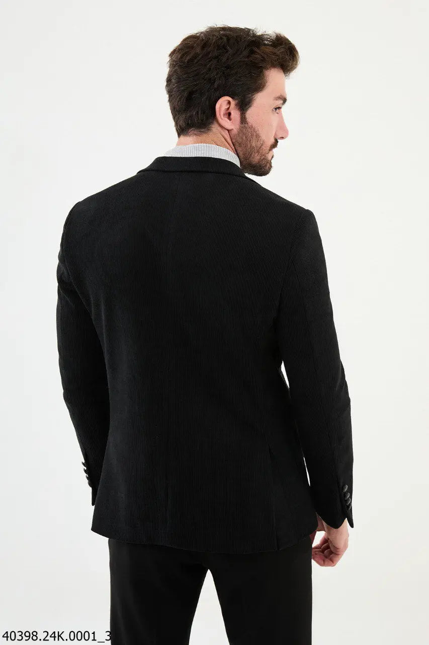 Brabion James Black Slim Fit Notch Lapel Striped Velvet Blazer - BRABION