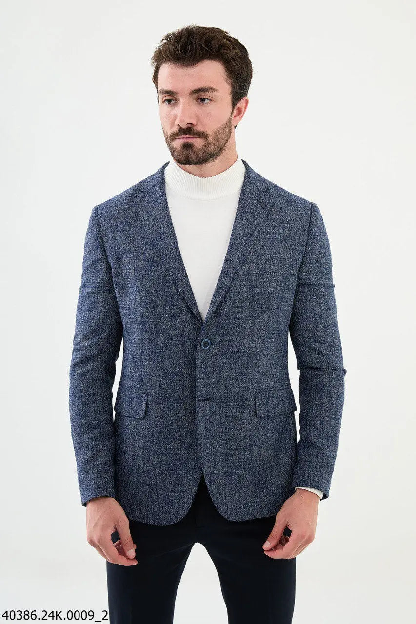 Brabion James Navy Blue Slim Fit Patterned Blazer - BRABION