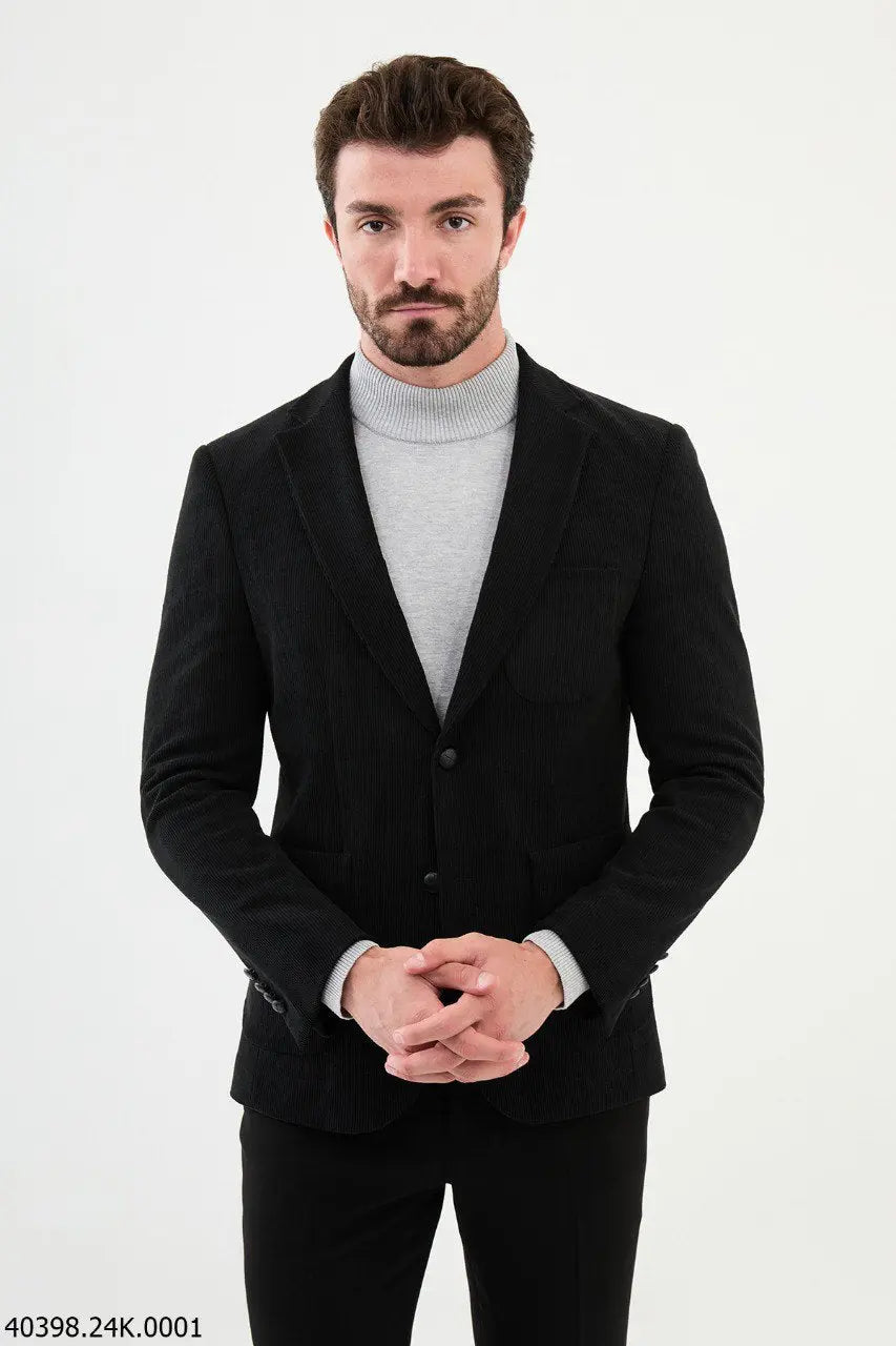 Brabion James Black Slim Fit Notch Lapel Striped Velvet Blazer - BRABION