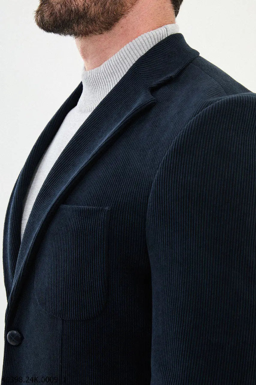 Brabion James Navy Blue Slim Fit Notch Lapel Striped Velvet Blazer - BRABION
