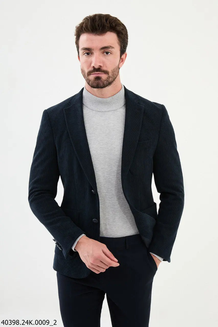 Brabion James Navy Blue Slim Fit Notch Lapel Striped Velvet Blazer - BRABION