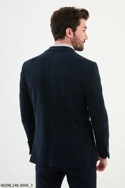 Brabion James Navy Blue Slim Fit Notch Lapel Striped Velvet Blazer - BRABION