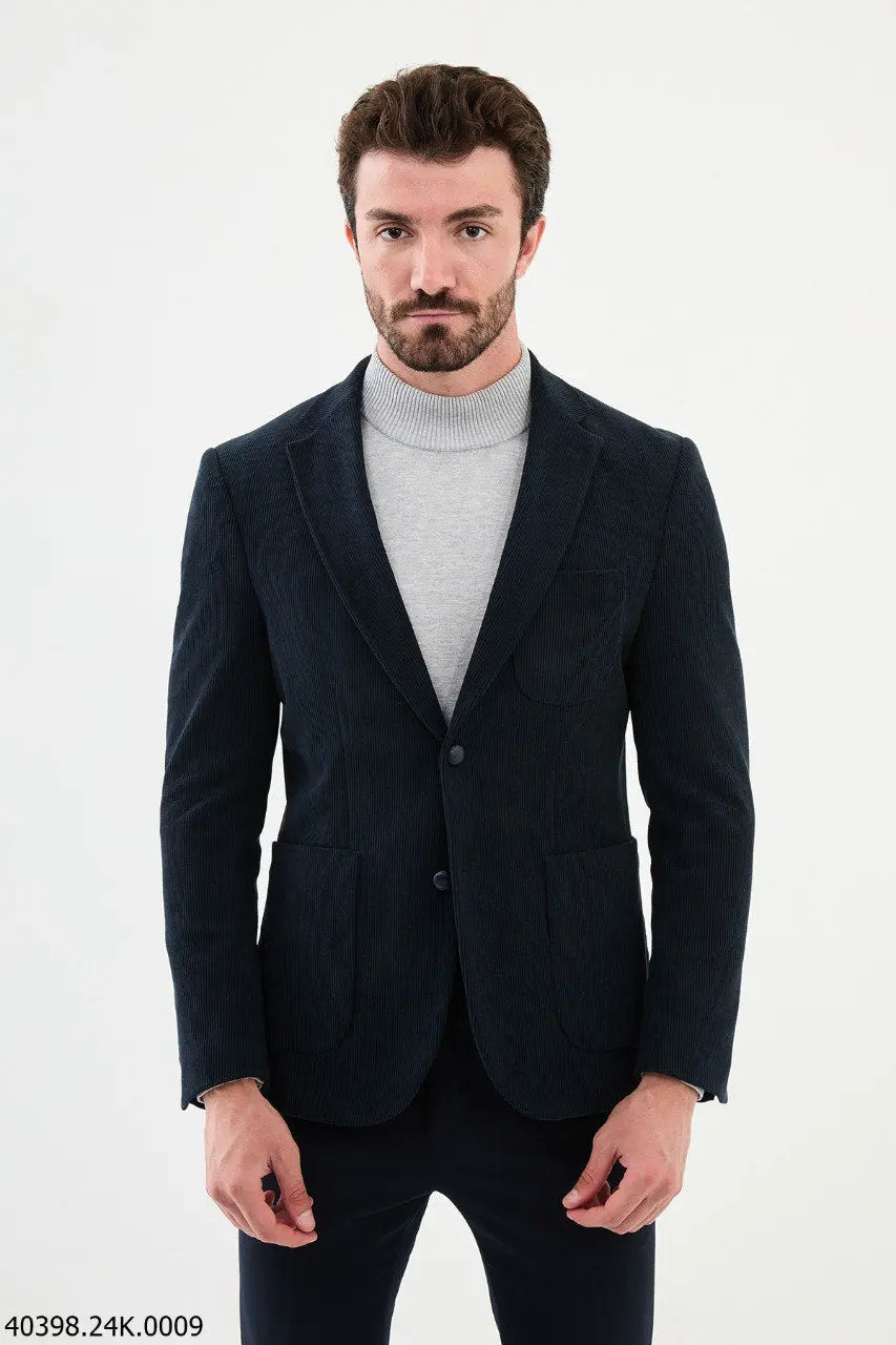 Brabion James Navy Blue Slim Fit Notch Lapel Striped Velvet Blazer - BRABION
