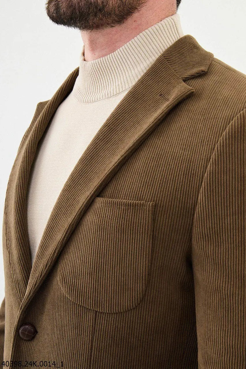 Brabion James Camel Slim Fit Notch Lapel Striped Velvet Blazer - BRABION
