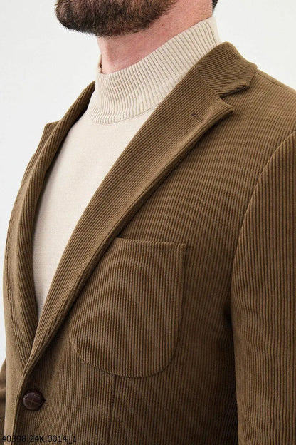 Brabion James Camel Slim Fit Notch Lapel Striped Velvet Blazer - BRABION