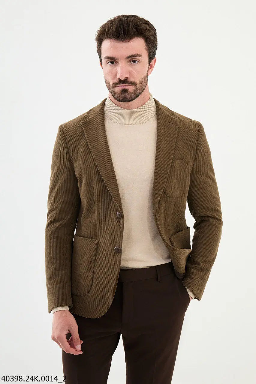 Brabion James Camel Slim Fit Notch Lapel Striped Velvet Blazer - BRABION
