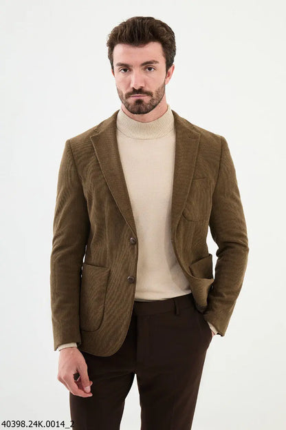 Brabion James Camel Slim Fit Notch Lapel Striped Velvet Blazer - BRABION