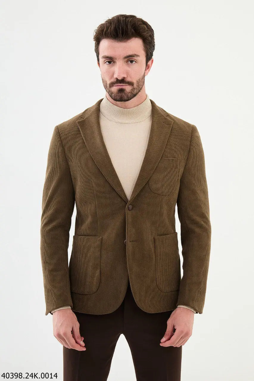 Brabion James Camel Slim Fit Notch Lapel Striped Velvet Blazer - BRABION