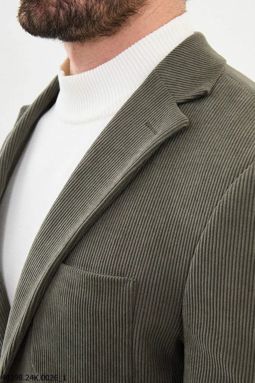Brabion James Khaki Slim Fit Notch Lapel Striped Velvet Blazer - BRABION