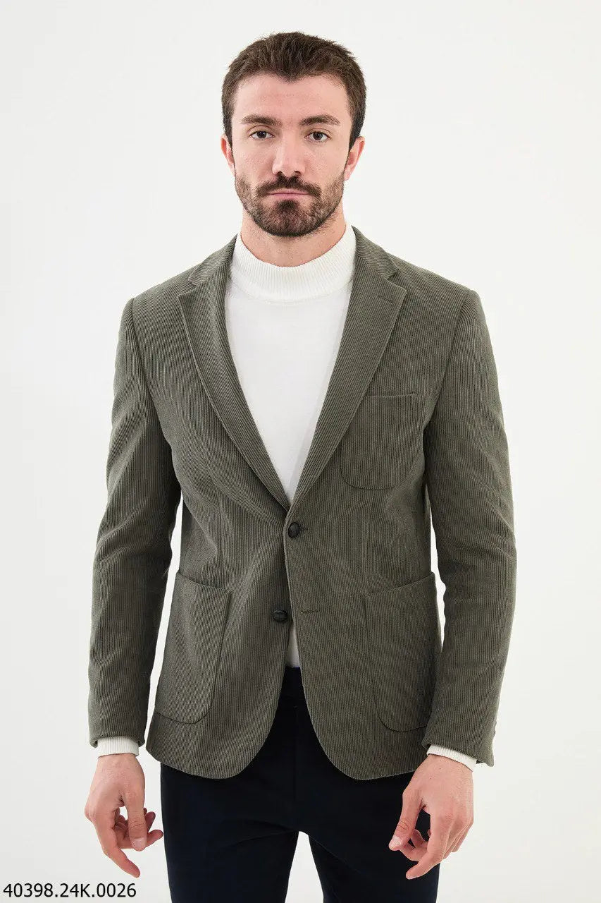 Brabion James Khaki Slim Fit Notch Lapel Striped Velvet Blazer - BRABION